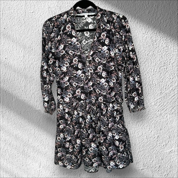 Vernoica Beard Size 0 Silk Black Floral Pintuck Boho Mini Dress NEEDS SEAMSTRESS - Picture 1 of 16